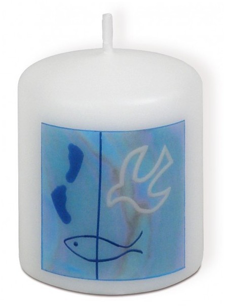 Bougie bleue ichthus + colombe + traces de pas 6x5 cm