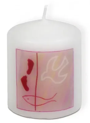 Bougie rose Ichthus + colombe + traces de pas 6x5 cm