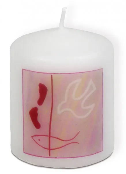 Bougie rose Ichthus + colombe + traces de pas 6x5 cm