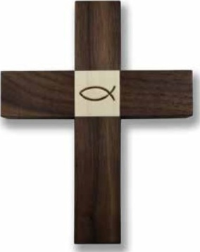 CROIX EN BOIS FONCÉ AVEC ICHTHUS EN SON CENTRE 13X16 CM