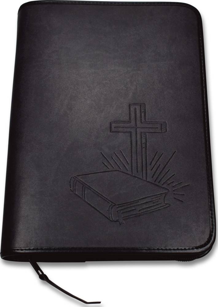 Pochette Bible Large similicuir gris foncé, motif Bible et croix
