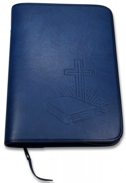 Pochette Bible Large similicuir bleu, motif Bible et croix
