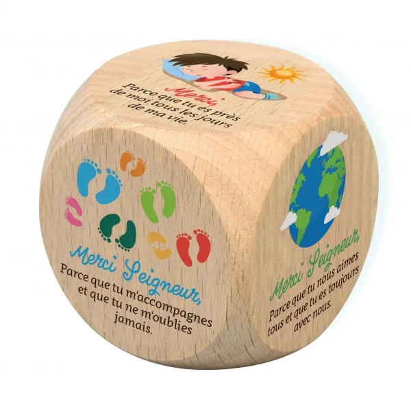 Mini Dé en bois coloré : 6 prières pour enfants - 5 cm