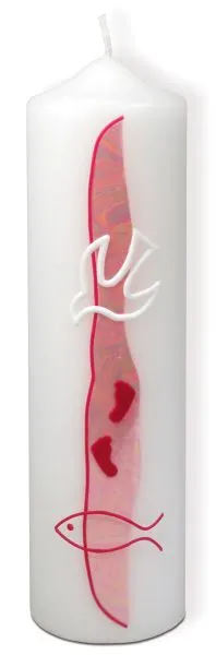 Bougie de baptême rose - colombe, pas , poissons