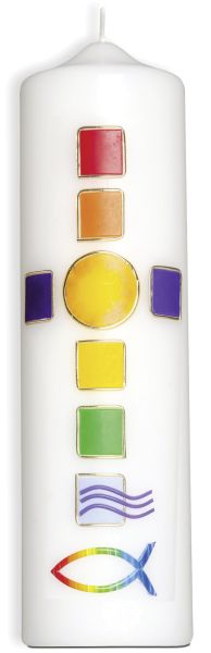 Bougie motifs croix mosaïque, ichthus et eau