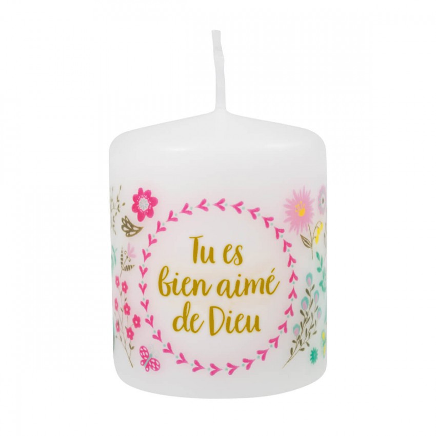 Petite bougie avec motif fleurs - Tu es bien aimé de Dieu