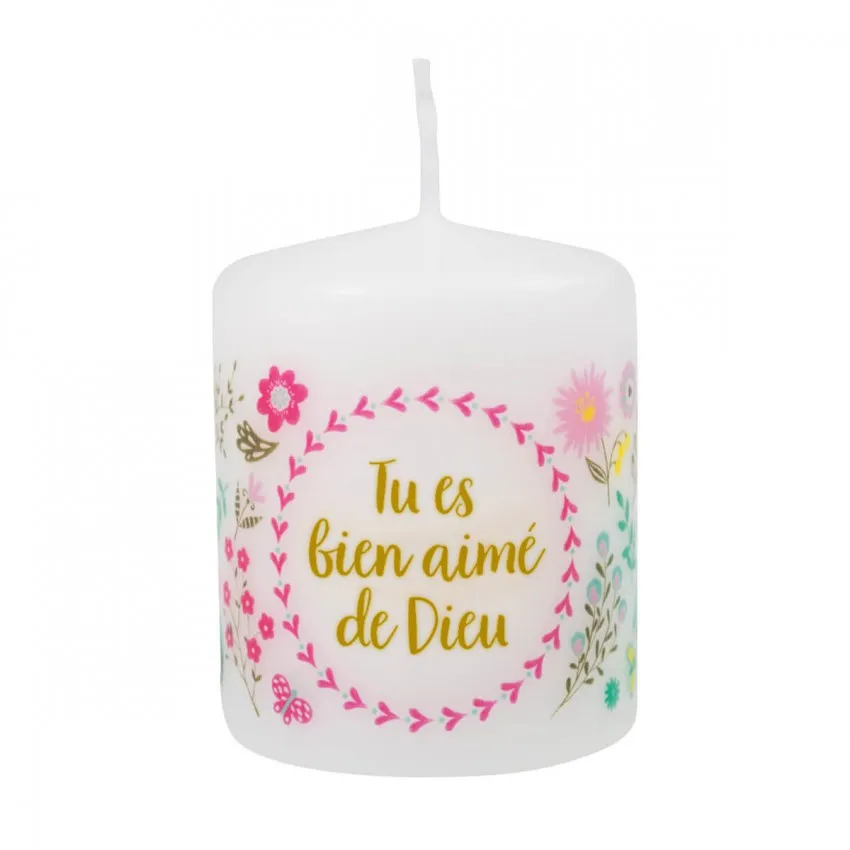 Petite bougie avec motif fleurs - Tu es bien aimé de Dieu
