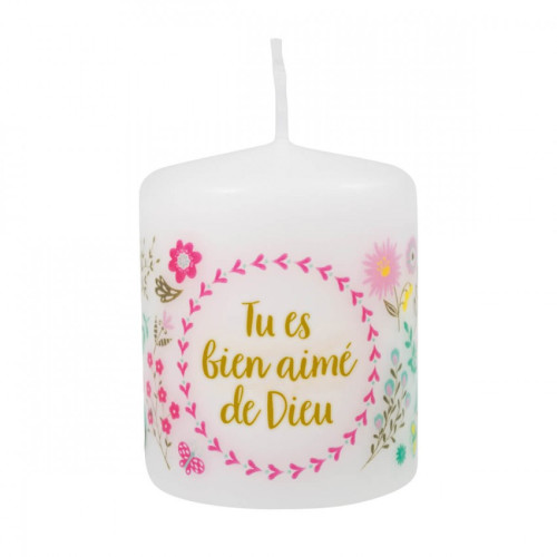 Petite bougie avec motif fleurs - Tu es bien aimé de Dieu
