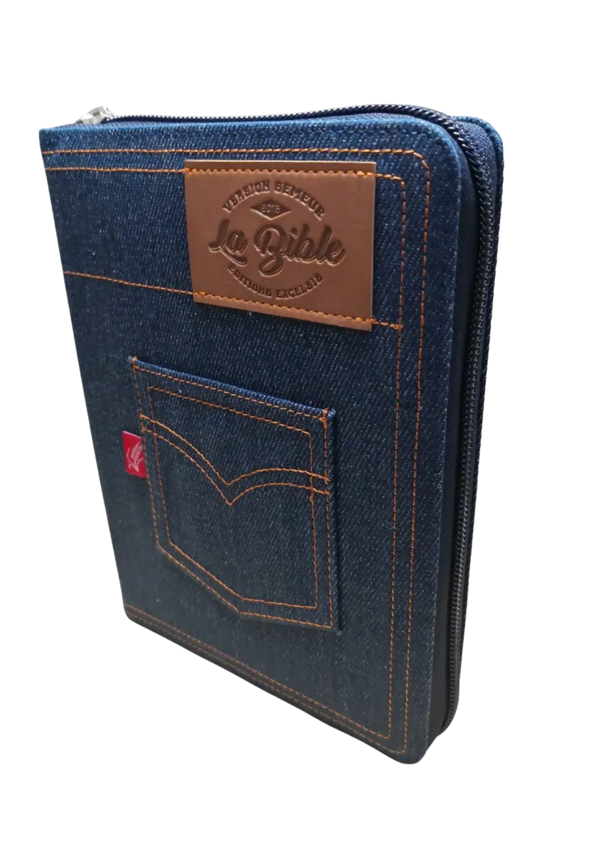 Bible Semeur 2015, compacte, couverture jeans souple bleue, avec zip - tranche blanche