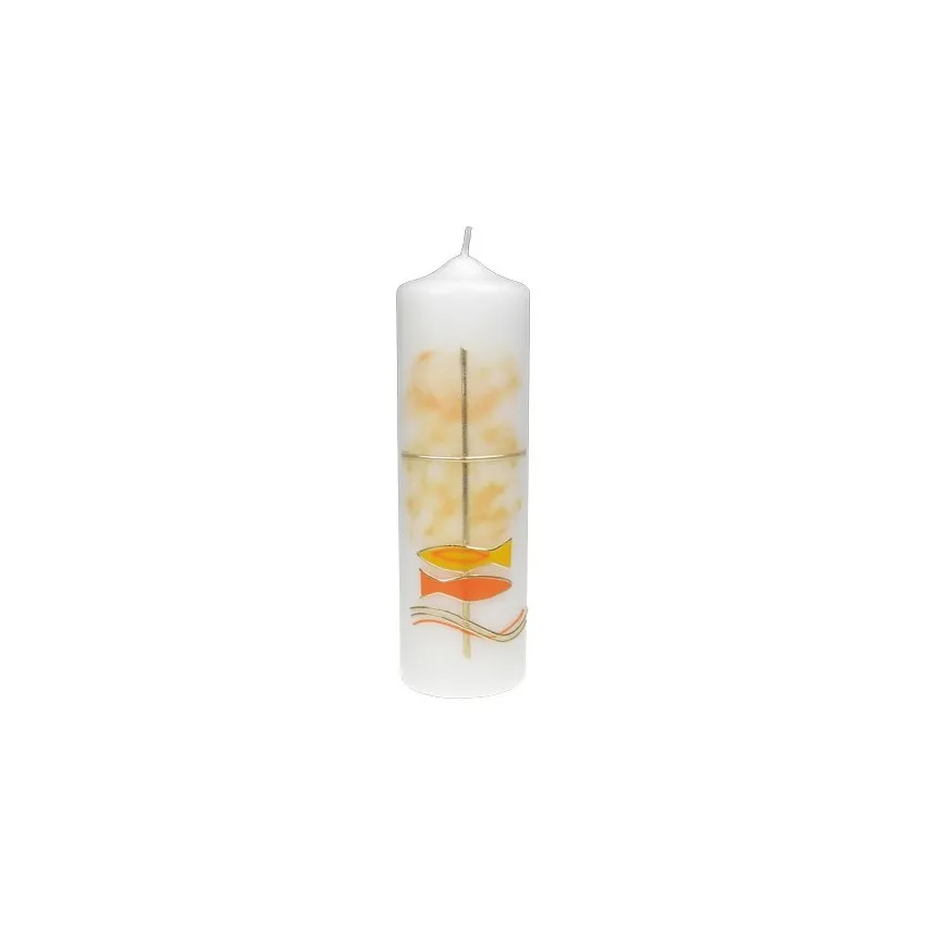 Bougie motifs jaune, croix et poissons