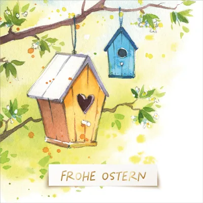 Doppelkarte Ostern bunte Vogelhäuschen ENC