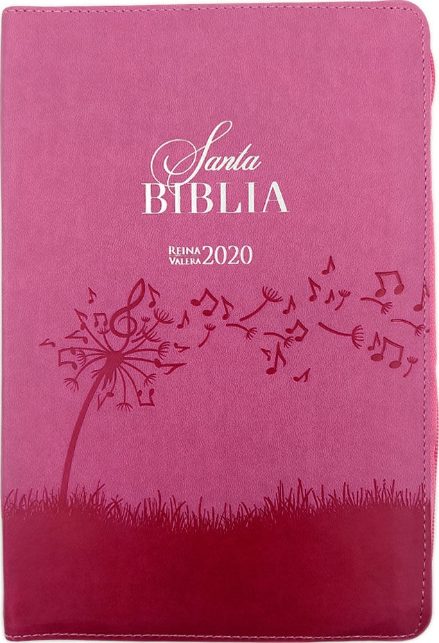 Espagnol, Bible Reina Valera 2020, gros caractères, simili rose avec notes de musique, fermeture éclair, tranche argent