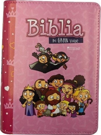 Espagnol, Bible RVR 1960 pour enfants, gros caractères, similicuir rose av. couronne, couv illustrée, zip - Biblia Mi gran viaje