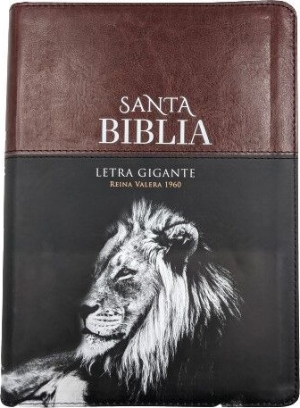 Espagnol, Bible RVR 1960, très gros caractères, similicuir duo noir/brun motif lion, avec zip et...