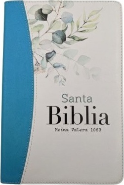 Espagnol, Bible RVR 1960,gros caractères, duo blanc/turquoise, couv. Motifs feuillages, tranche peinte