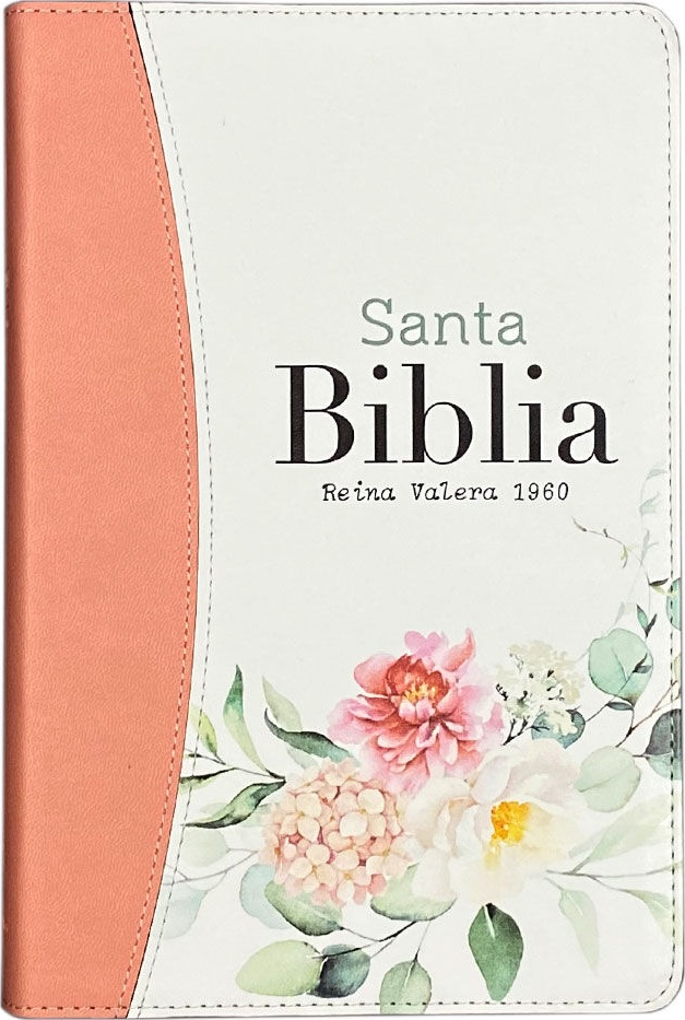 Espagnol, Bible RVR 1960,gros caractères, duo blanc/rose, couv. Motifs roses, tranche peinte -