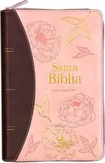 Espagnol, Bible RVR 1960, format moyen, gros caractères, similicuir duo rose/brun, motifs fleurs, avec zip