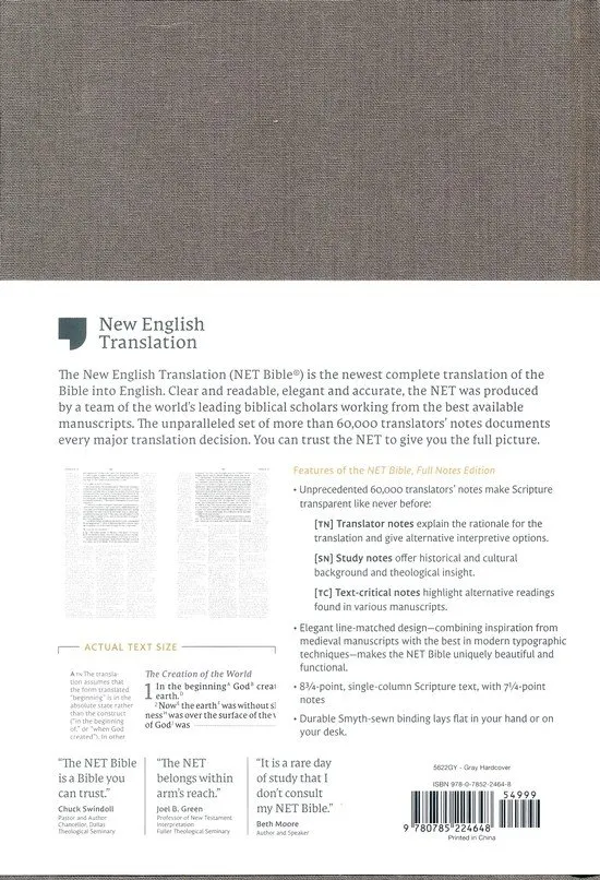 Anglais, Bible NET, cartonnée/tissu, grise