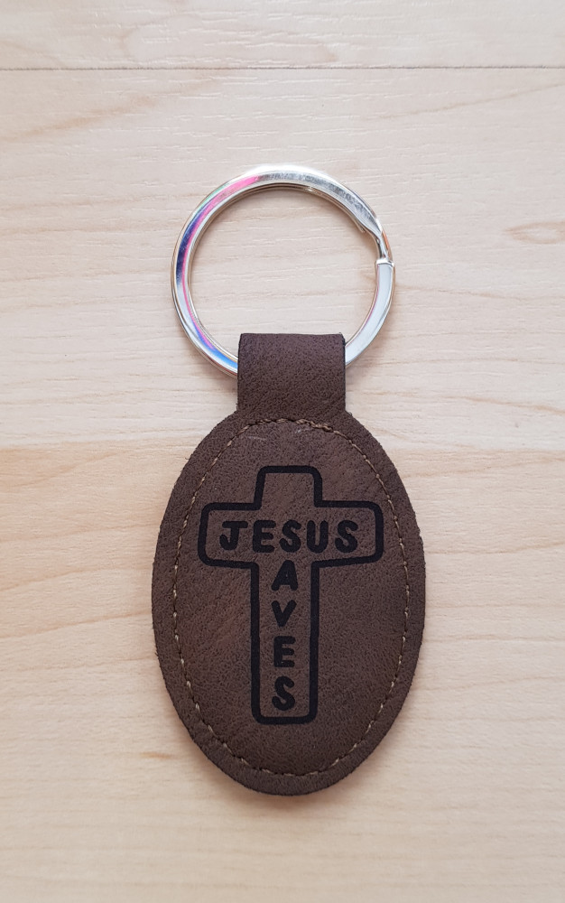 Schlüsselanhänger, "Jesus Saves" - dunkelbraun, Kunstleder, mit Kreuz-Gravur