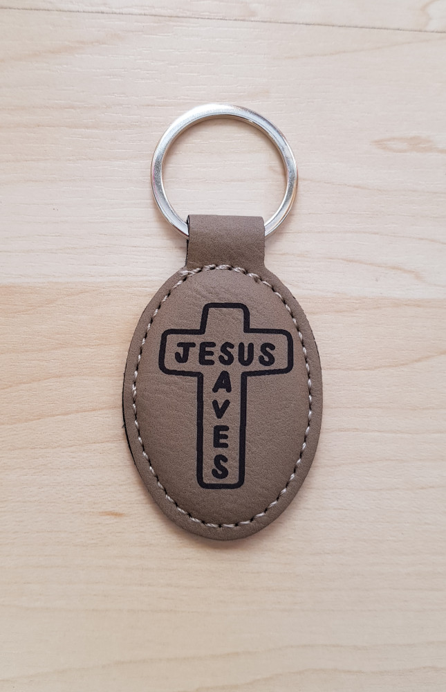 Schlüsselanhänger, "Jesus Saves" - beige, Kunstleder, mit Kreuz-Gravur