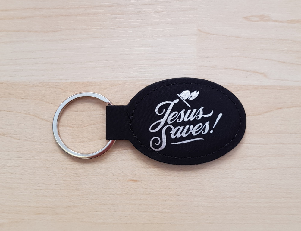 Schlüsselanhänger, "Jesus Saves" - schwarz, Kunstleder, mit graviertem Schriftzug