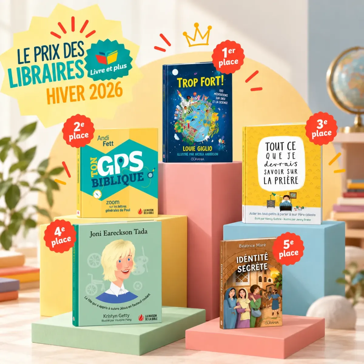   TOP 5, CATÉGORIE JEUNESSE !   
 Le Prix des libraires – Livre et plus est un prix littéraire chrétien francophone (France et Suisse), décerné chaque saison par un jury composé des 28 librairies adhérentes au réseau Livre et plus. Découvrez leur top 5 ! 
  